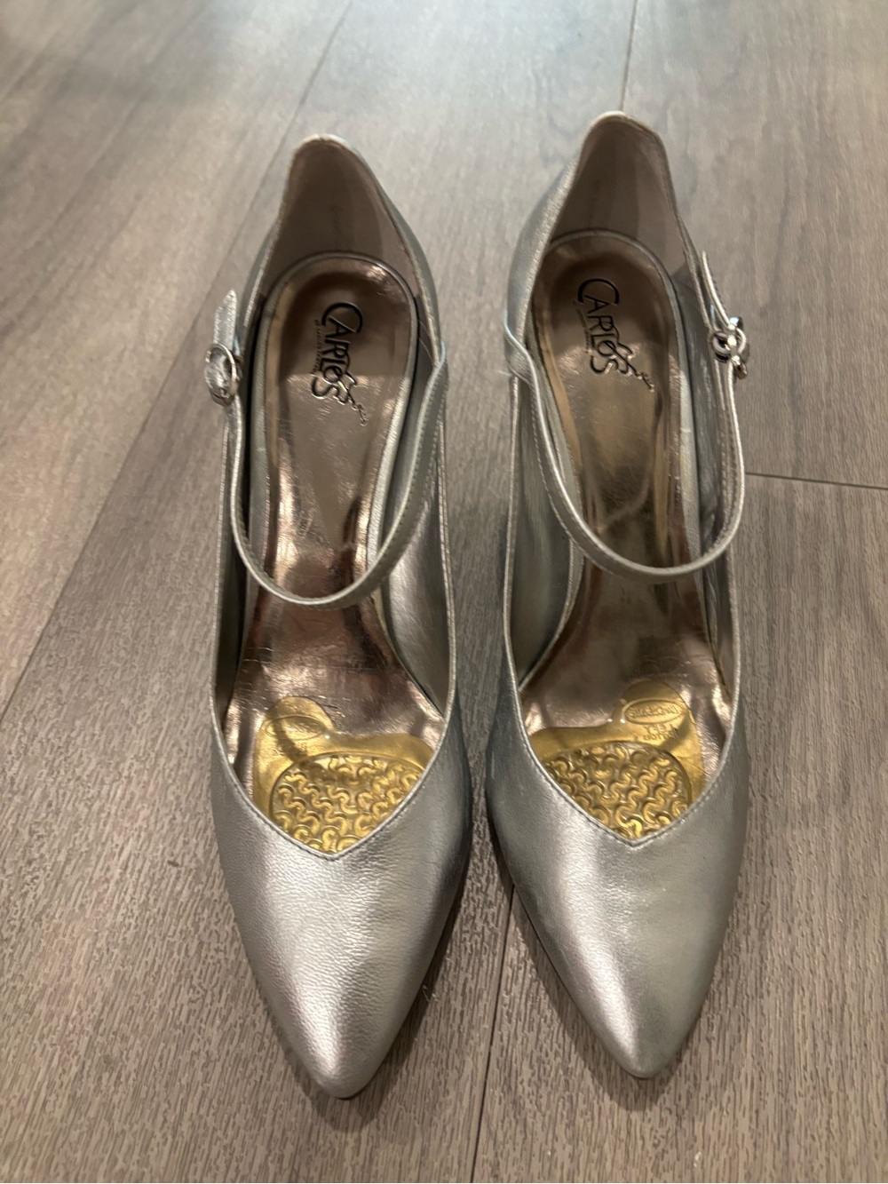 Carlos by Carlos Santana Metallic Silver Pointed Mary Jane Heels, Sz 8